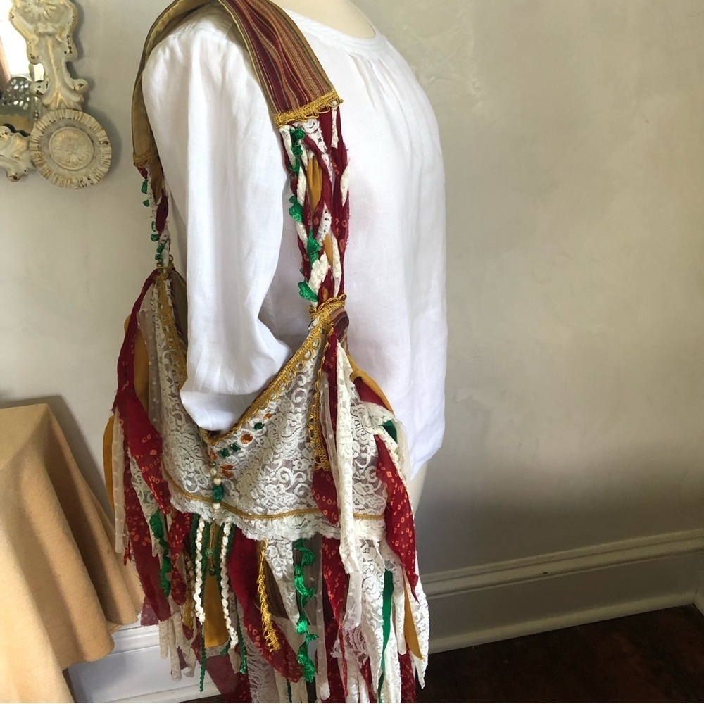 Bohemian Gypsy Crossbody Bag w/gold,green,red stripes & cream lace and fringe - Picture 3 of 17